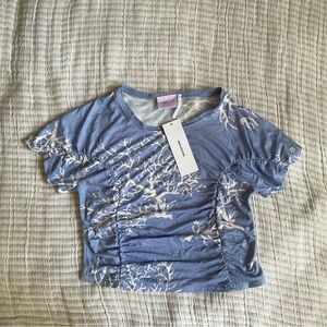 Urban Outfitters blue ruched crop top with coral pattern